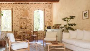 A well-organized living space features a cozy sofa, round coffee table, plant, and dining set.
