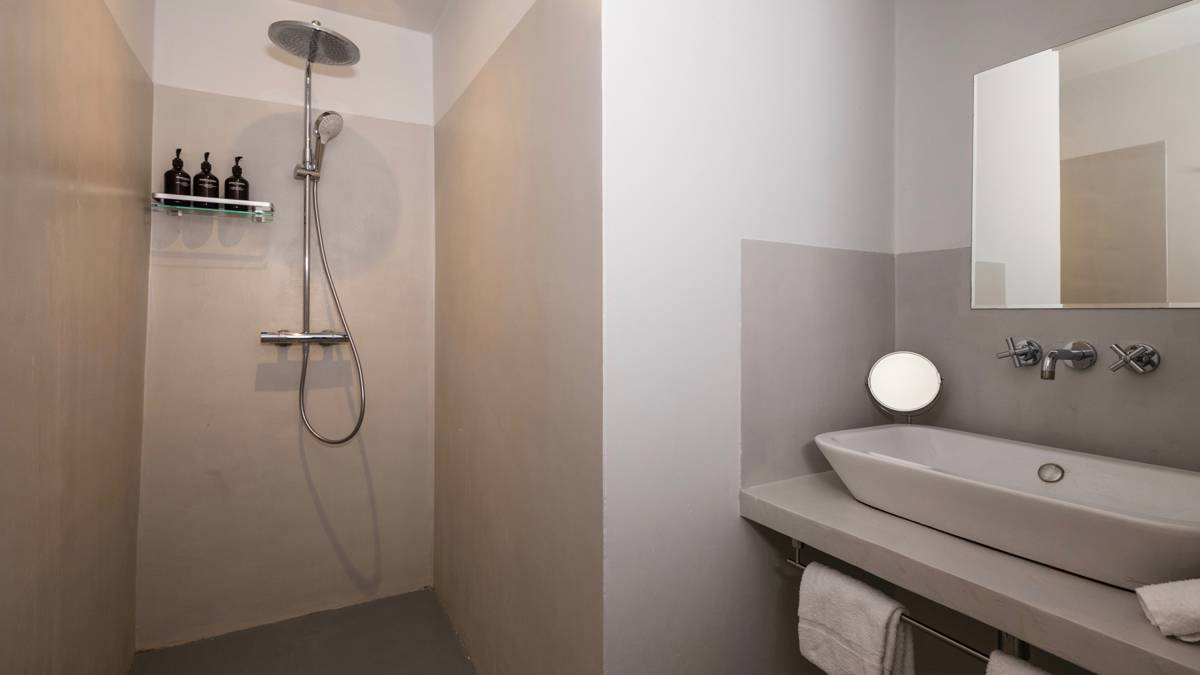 A clicked photo of the bathroom features a shower on the left and mirror above washbasin.