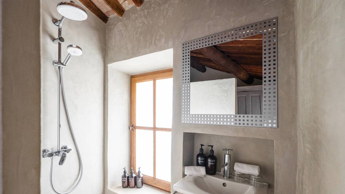 A clicked photo of a tidy bathroom shows a mirror above the washbasin and shower.