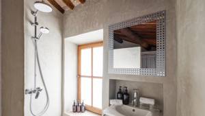 A clicked photo of a tidy bathroom shows a mirror above the washbasin and shower.