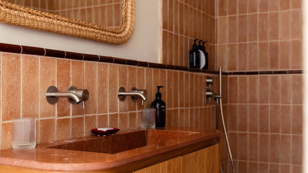 Neatly arranged bottles line the washroom rack, with a mirror mounted above washbasin.