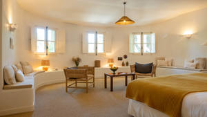A properly arranged bedroom features a cozy bed, a sofa pair with table, and a hanging lamp.