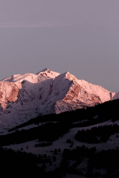 Snow-covered alpine mountain peaks glowing pink at sunset above dark, forested slopes, viewed from L'Alpaga in Megève.