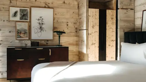 Different-sized portraits adorn a wooden-finished wall above a table with a unique lamp.