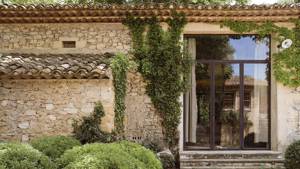 A clicked photo of the house exterior displays green lush plants near the glass door.