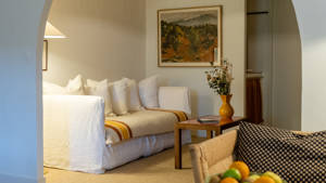 A tidy living space features a cozy sofa near the wall with a portrait above.