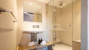 A photo capturing a neat bathroom with properly arranged items and an organized appearance.