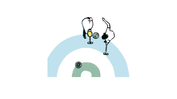 Deux skieurs en équilibre sur un demi-cercle bleu clair au-dessus d’un arc vert