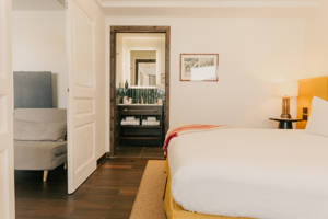 Vue générale de la Suite avec aménagement de salle de bain à Val Thorens.