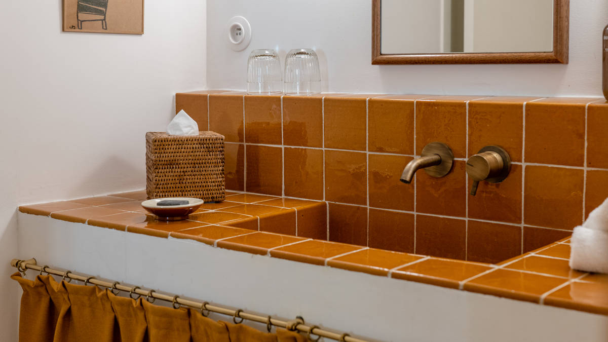 A clicked photo shows an orange-colored washbasin countertop with a portrait mounted on the left wall.